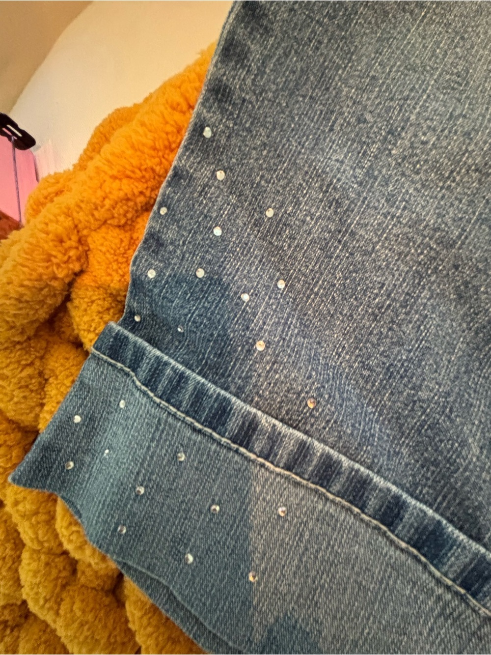 Cropped Blue Denim Jeans with Rhinestone Accent